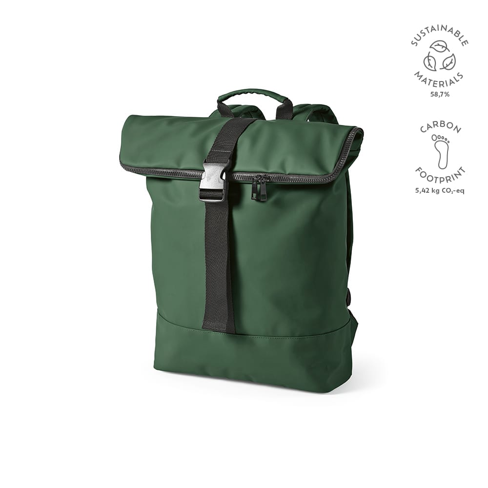 A green backpack made from sustainable materials, featuring a roll-top design and a secure buckle closure.