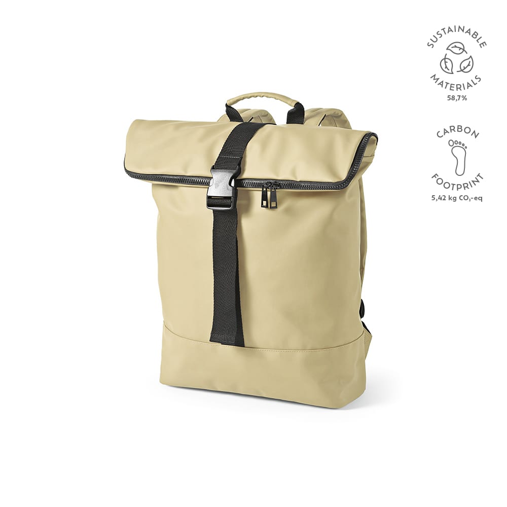 A beige backpack made from sustainable materials, featuring a roll-top closure and a black strap, suitable for a 17" laptop.