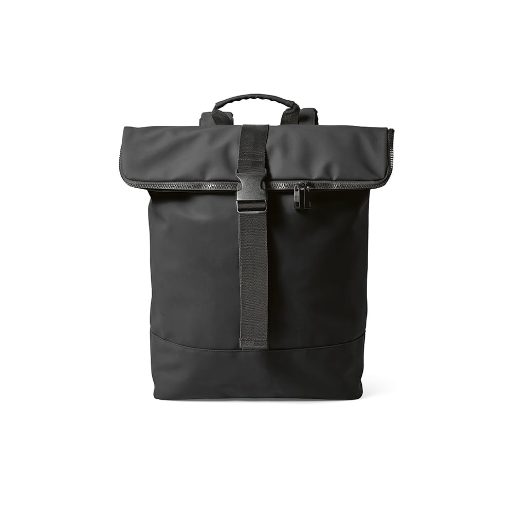 A black Milan Backpack made from rPU and rPET, featuring a roll-top closure and adjustable straps.