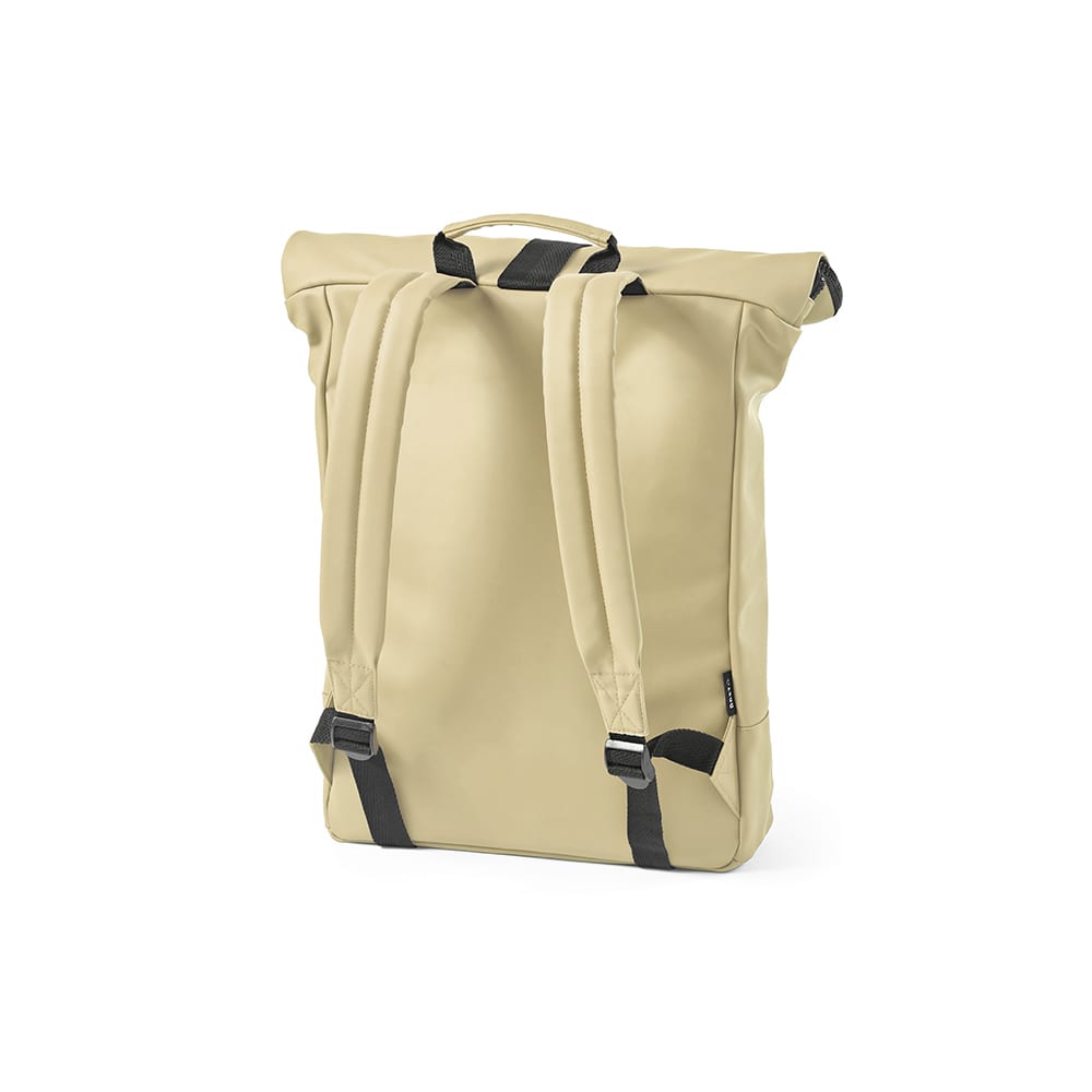 A beige backpack featuring adjustable straps, a roll-top design, and a logo on the side. Fits a 17" laptop.
