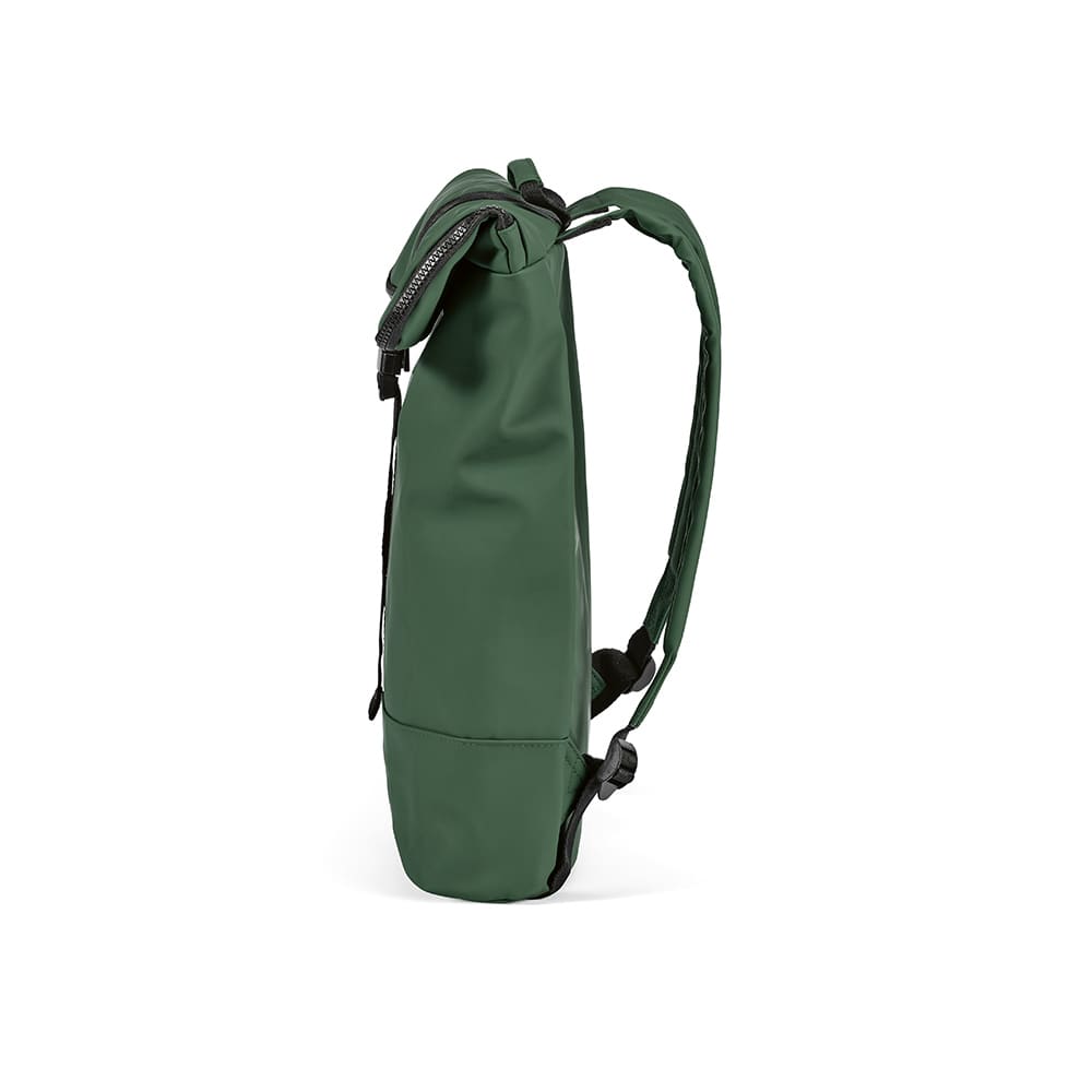 A green Milan Backpack made from rPU and rPET, designed to fit a 17" laptop. It features a logo.