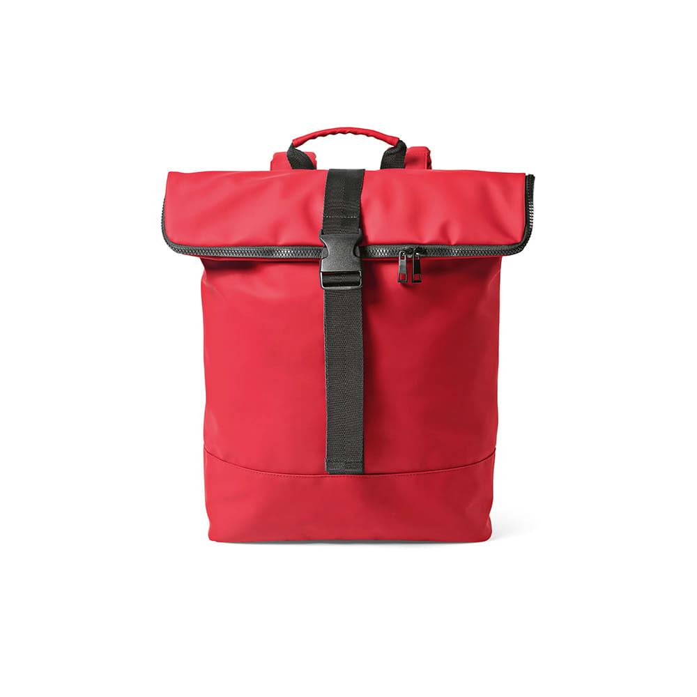 A red backpack featuring a roll-top closure, black straps, and a logo. Holds a 17" laptop with a 24L capacity.