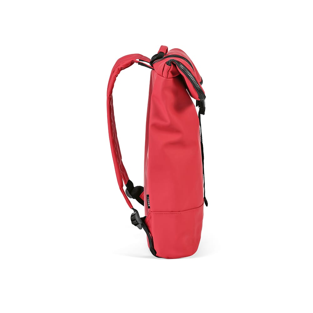 A red backpack featuring adjustable straps and a side pocket, designed to fit a 17" laptop. It has a logo.