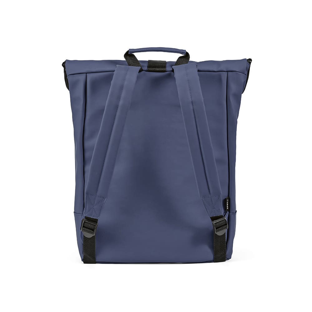 A navy blue backpack with adjustable straps and a top handle, designed to hold a 17" laptop. Includes a logo.