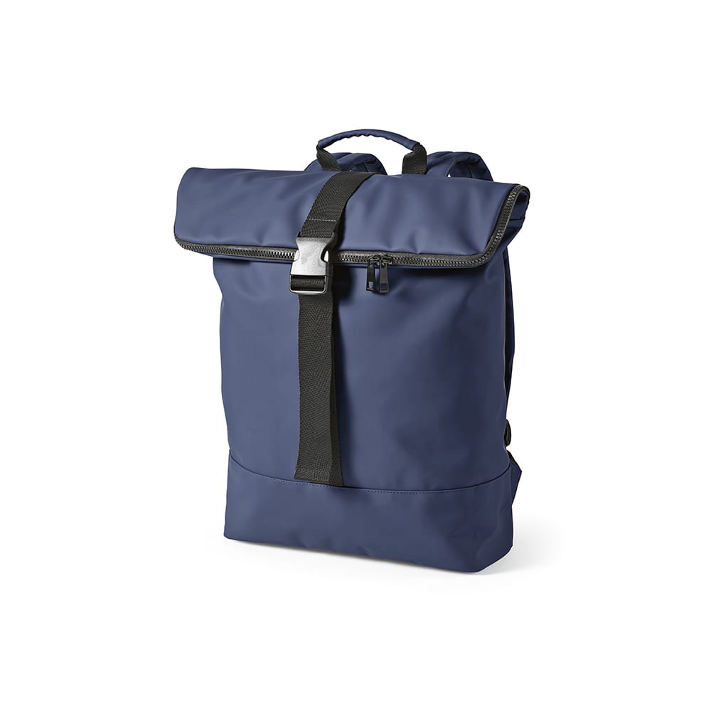 A navy blue backpack with a roll-top design, adjustable straps, and a logo. Fits a 17" laptop.