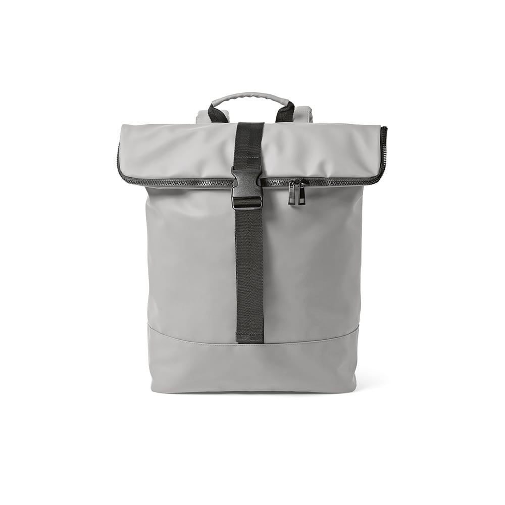 A grey backpack with a roll-top closure and black adjustable straps. It has a logo on the front.