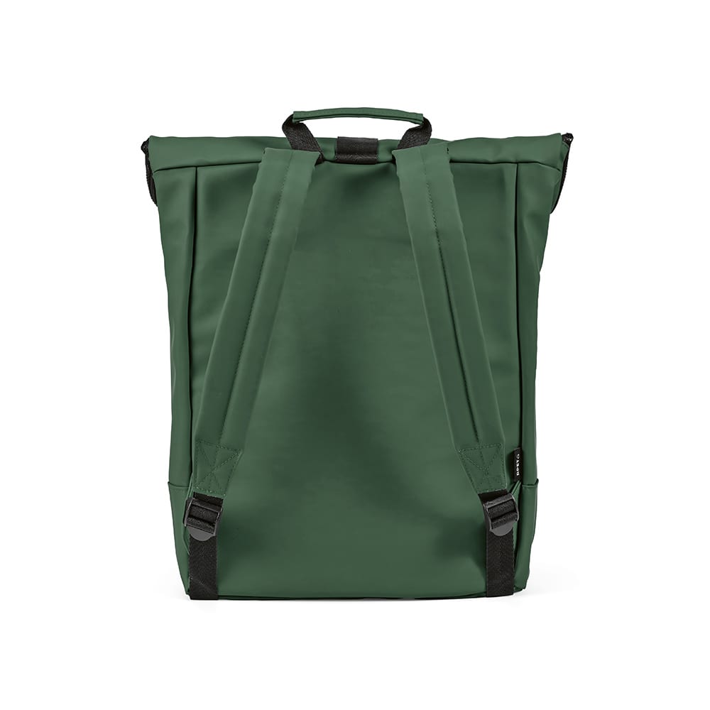 A green Milan Backpack with adjustable straps and a flap top, designed to fit a 17" laptop. Features a logo.