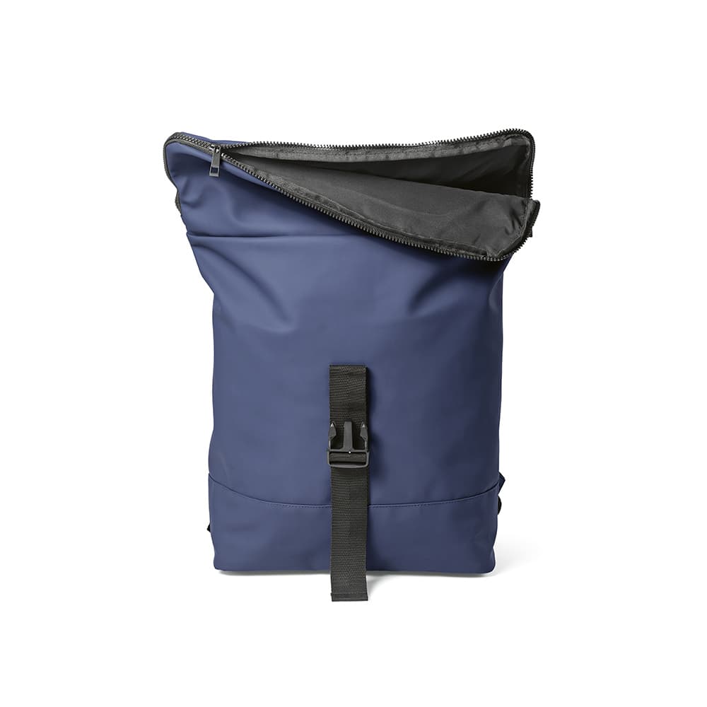 A navy blue backpack featuring a zippered opening and a front buckle strap. It has a logo on the front.
