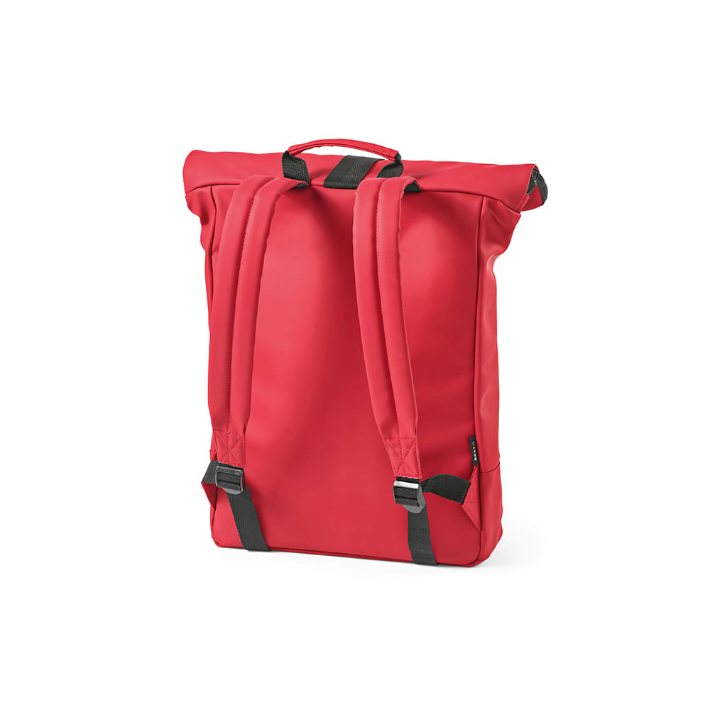 A red Milan Backpack with adjustable straps, designed to fit a 17" laptop, featuring a logo.