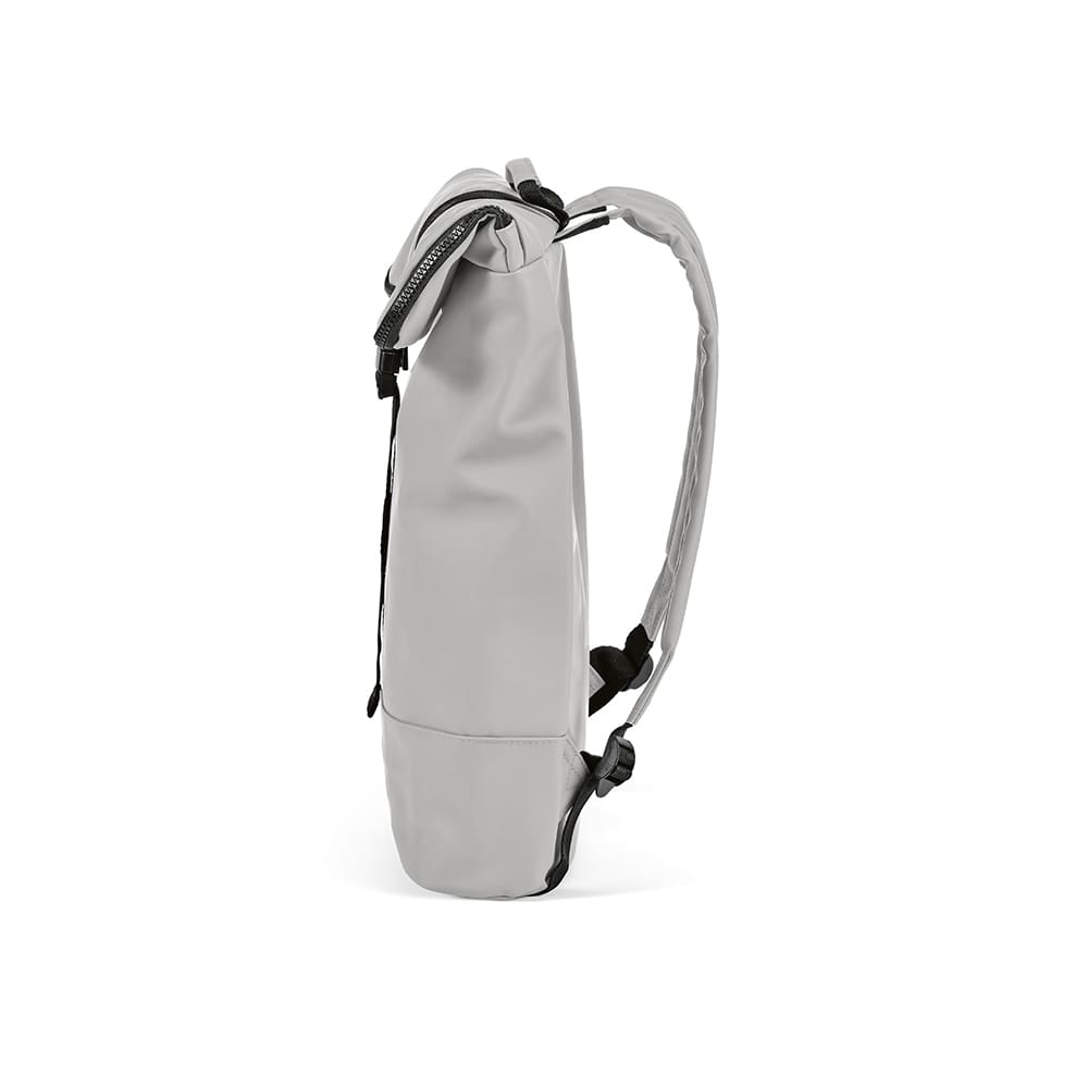 A grey Milan Backpack with a sleek design, featuring adjustable straps and a logo. Suitable for a 17" laptop.