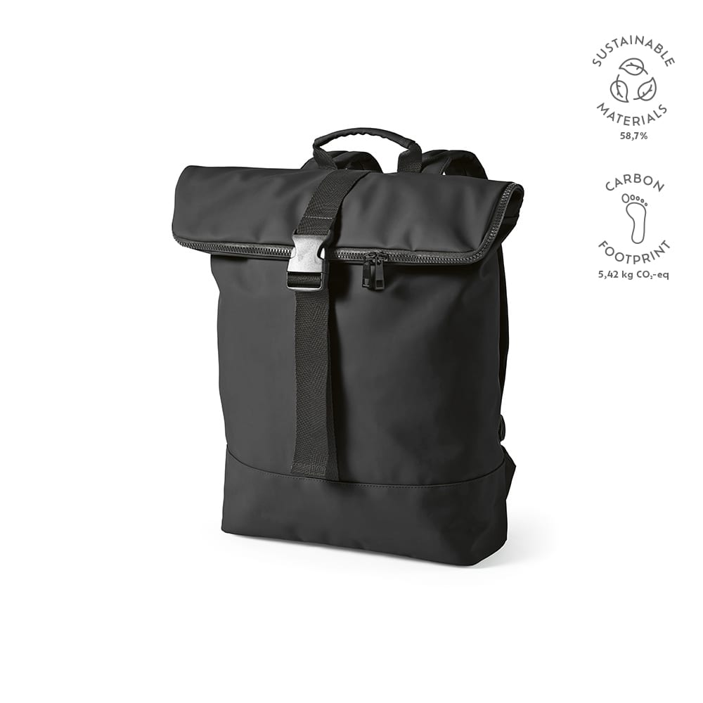 A black Milan Backpack made from sustainable materials, featuring a roll-top design and a logo. Fits a 17" laptop.