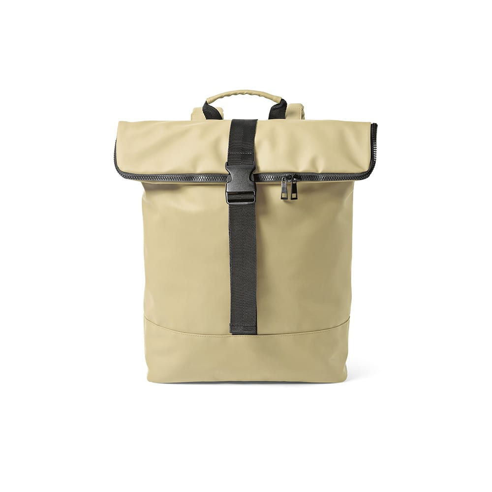 A beige backpack with a roll-top design, featuring a black strap and zippers. It includes a logo on the front.