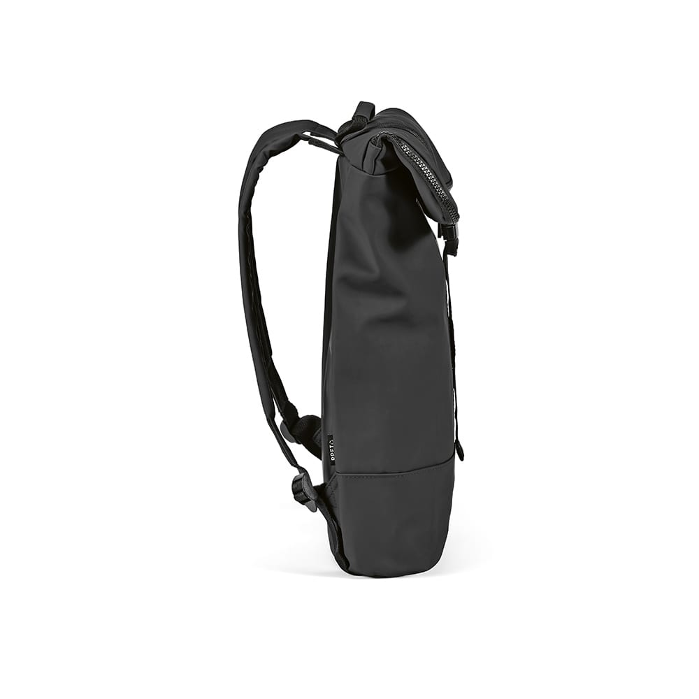 A sleek black backpack with adjustable straps and a zipper closure, designed to fit a 17" laptop.