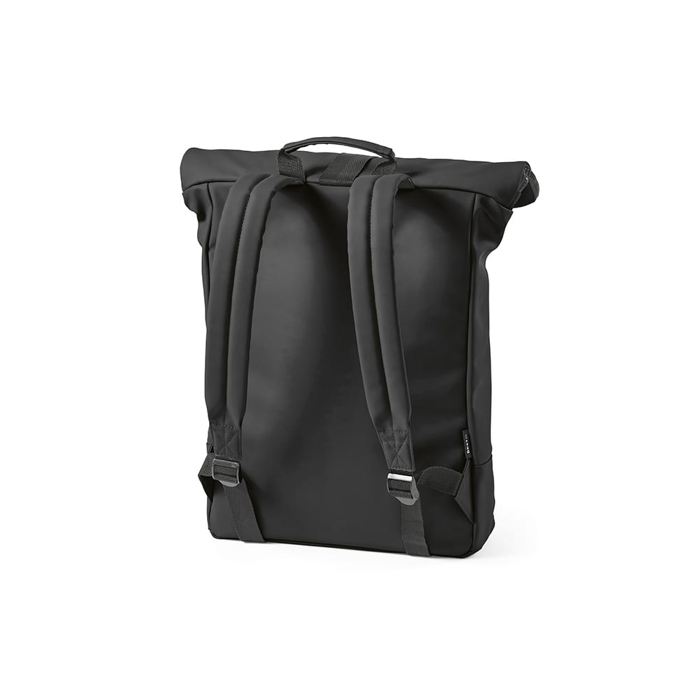 A black backpack with dual adjustable straps and a roll-top design, suitable for a 17" laptop. Features a branding logo.