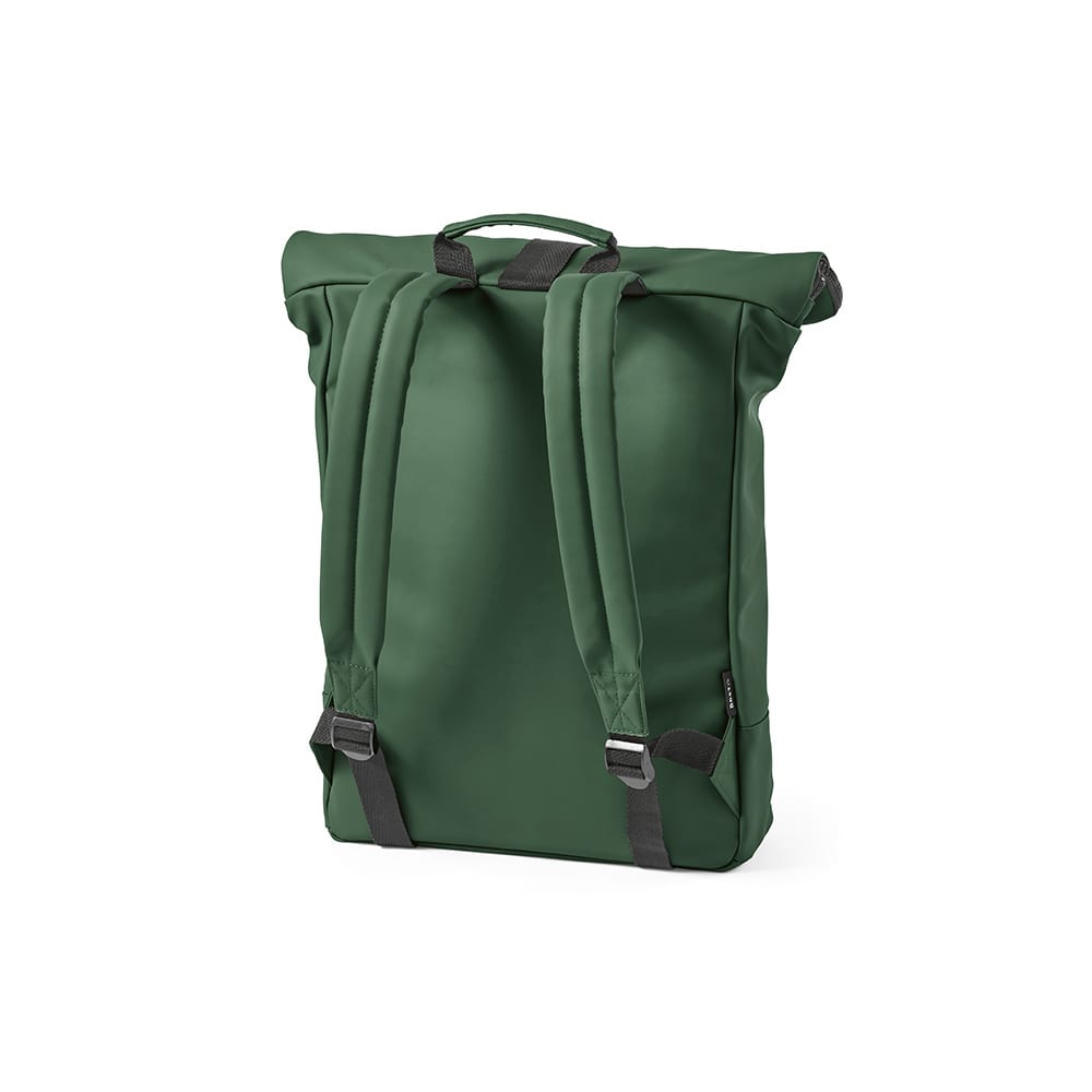 A green Milan backpack with adjustable straps, designed to fit a 17" laptop. Features a logo.