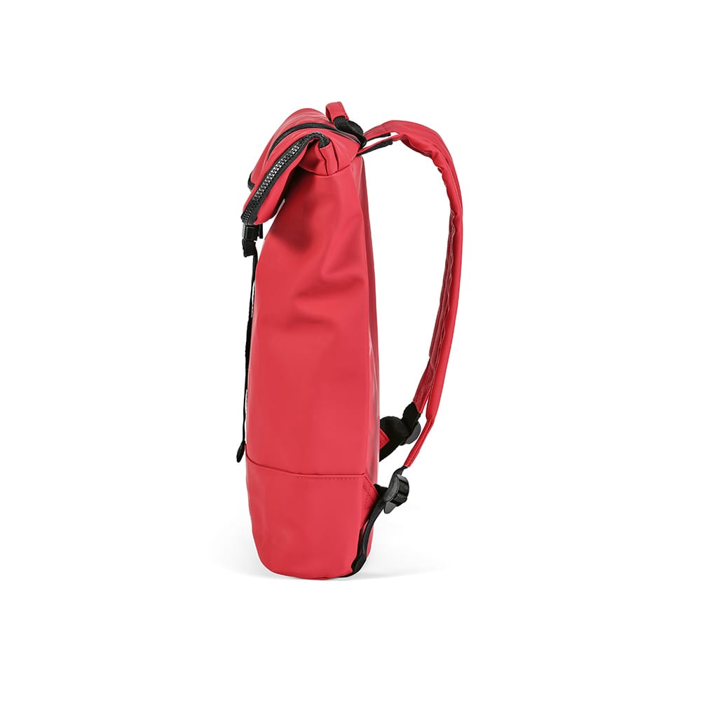 A red Milan Backpack made from rPU and rPET, designed to fit a 17" laptop, with an adjustable strap and logo.