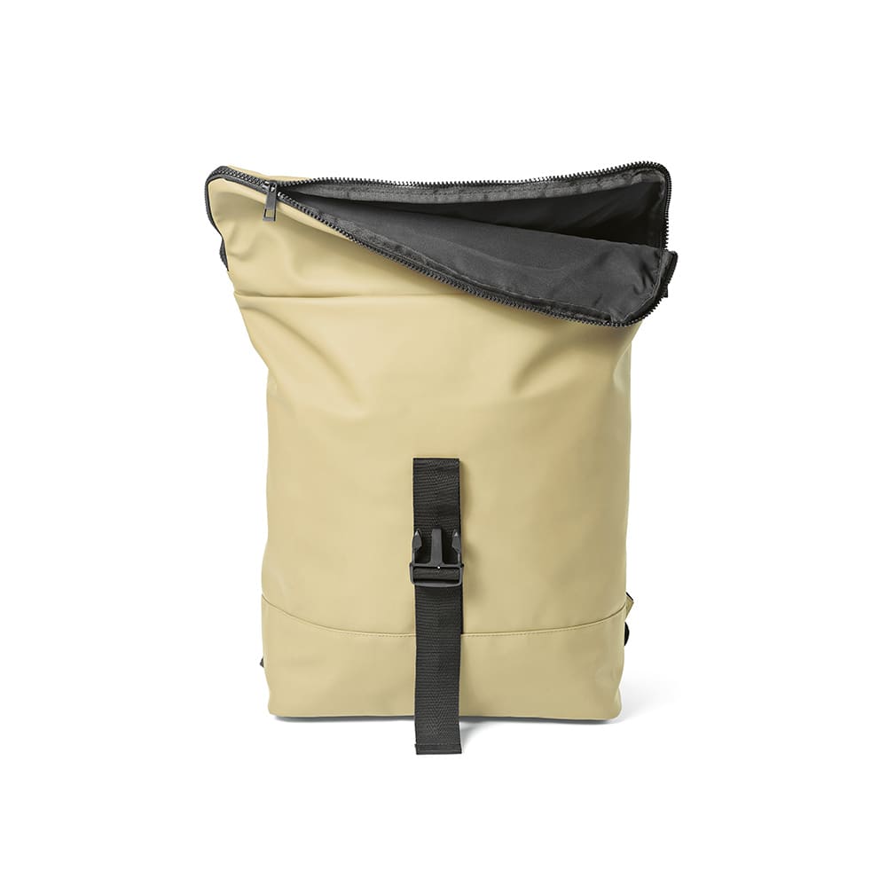 A beige backpack with a roll-top closure and black interior, featuring a front buckle and adjustable straps.