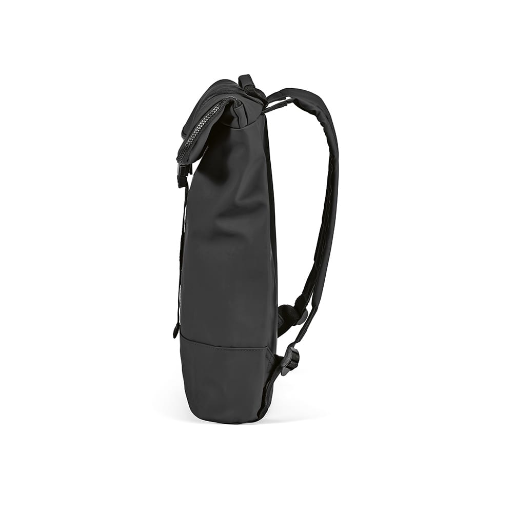 A sleek black backpack designed to fit a 17" laptop, featuring adjustable straps and a logo.