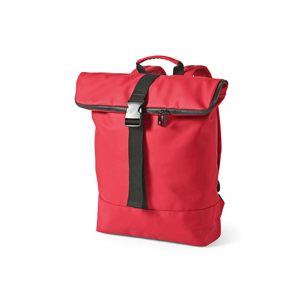 A red Milan backpack made from rPU and rPET, featuring a zip closure and adjustable straps. Suitable for a 17" laptop.