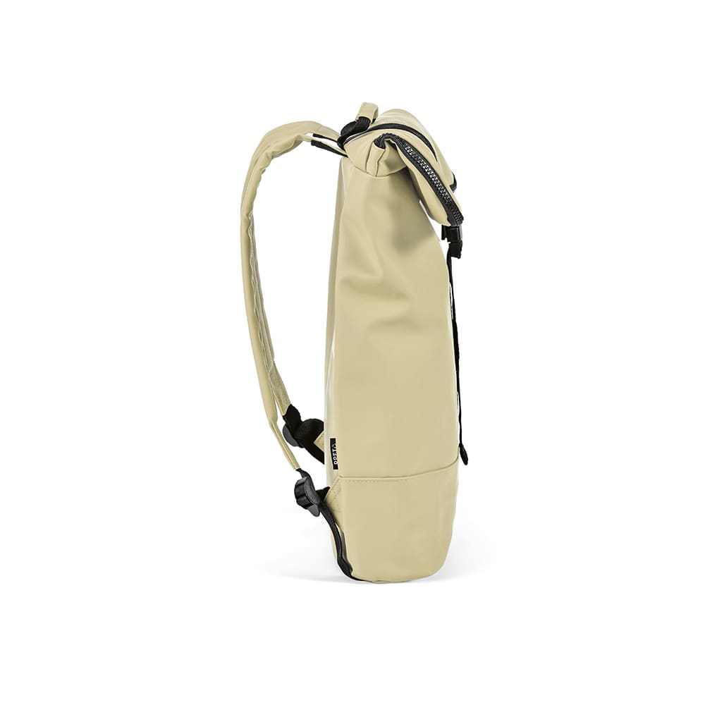 A beige Milan backpack, designed for a 17" laptop, featuring straps and a logo.