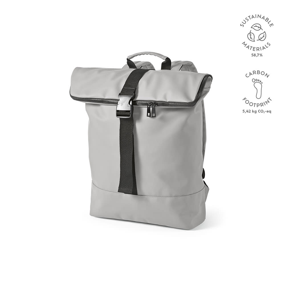 A grey backpack with a roll-top design, featuring a strap and a handle. It has a logo and is made from sustainable materials.