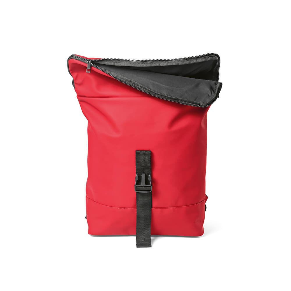 A red backpack with a roll-top design, featuring a black interior and a front buckle closure. It has a logo on the front.