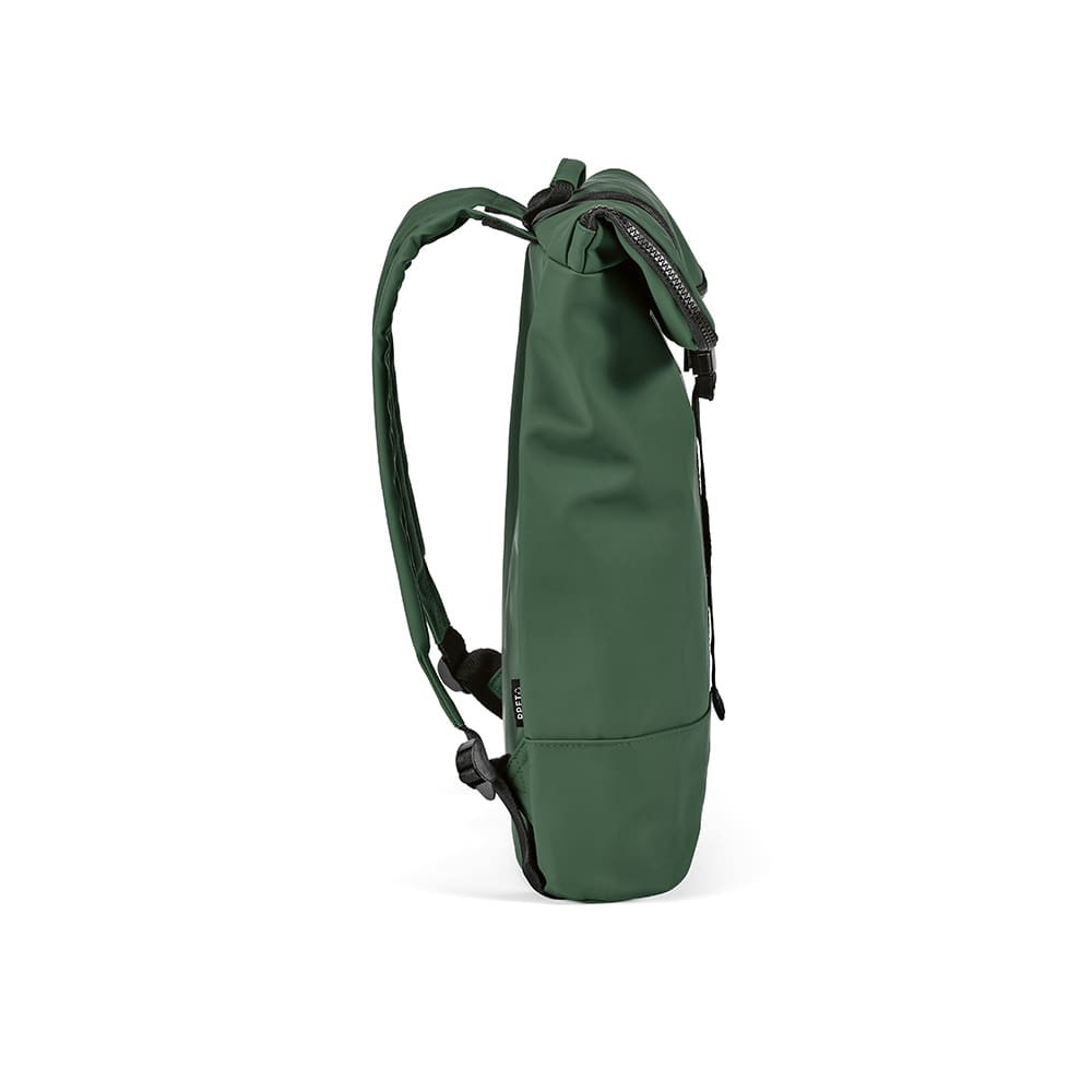 A green Milan Backpack made from rPU and rPET, designed to fit a 17" laptop, featuring a logo.