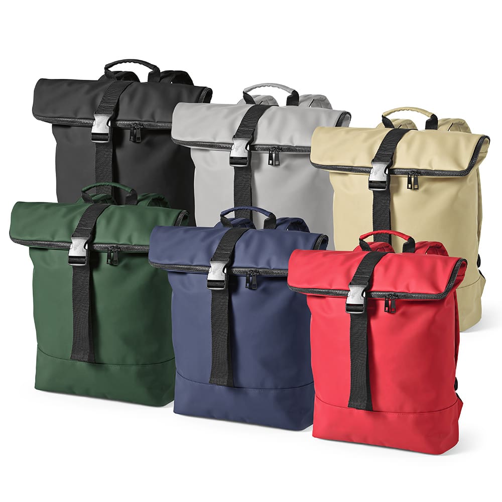 A collection of six Milan Backpacks in black, grey, khaki, navy, green, and red, featuring roll-top closures and adjustable straps.