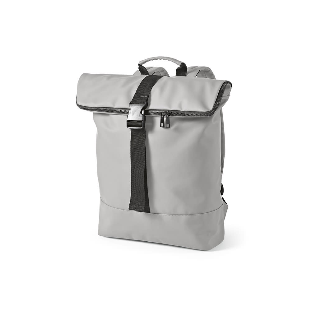 A grey backpack with a roll-top closure and adjustable straps. It features a logo on the front.