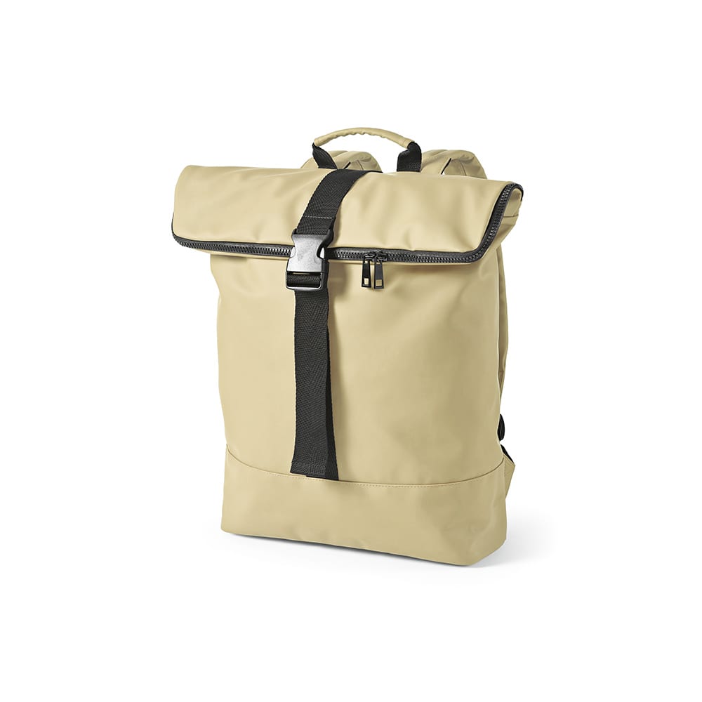 A beige backpack with a roll-top closure, featuring a black strap and zip, with shoulder straps at the back.