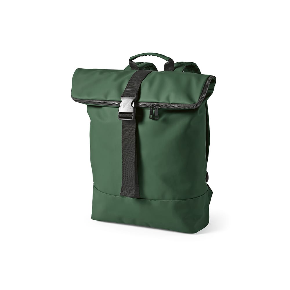 A green Milan backpack made from rPU and rPET, featuring a roll-top closure and adjustable straps. Suitable for a 17" laptop.