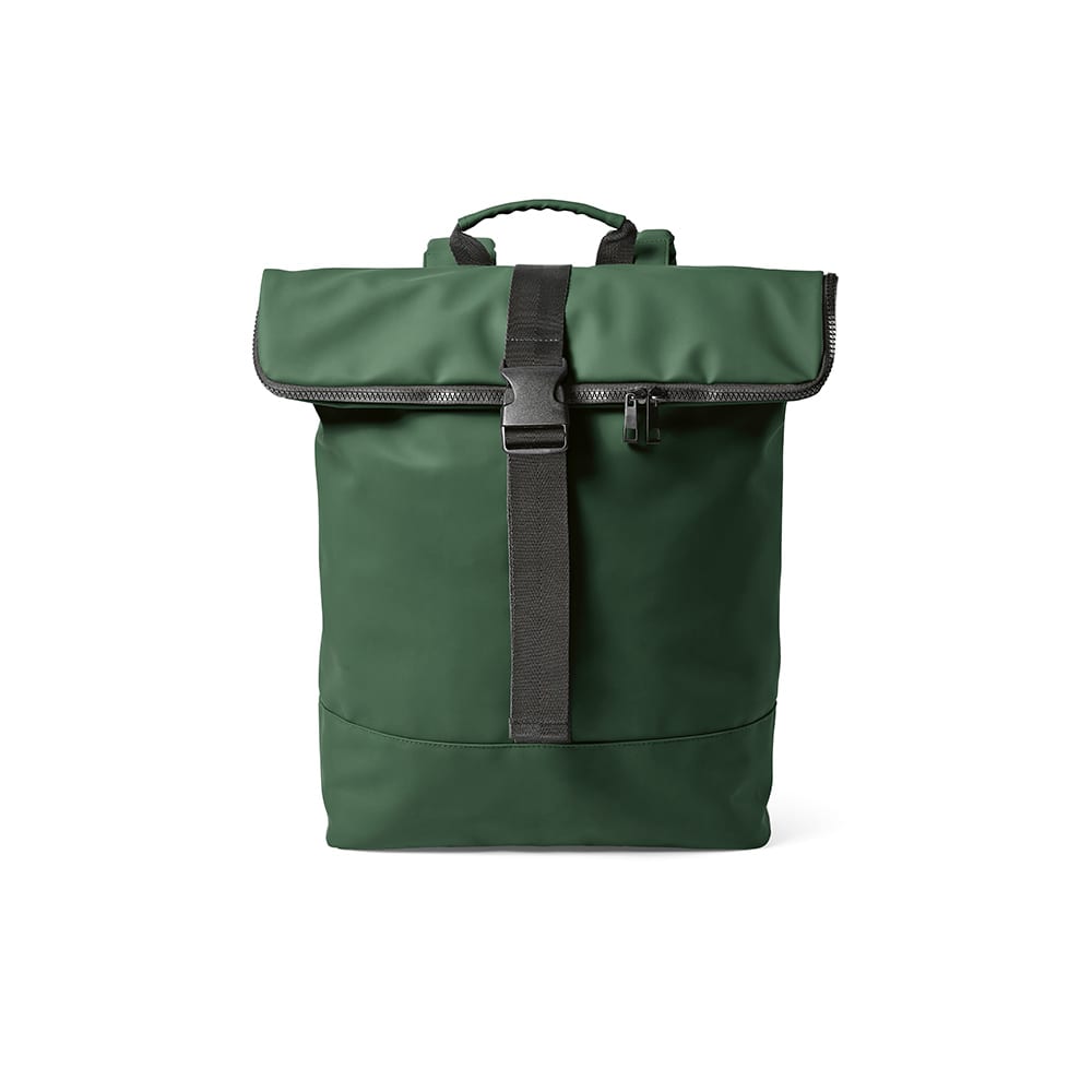 A green Milan Backpack made from rPU and rPET, designed to fit a 17" laptop. Features a zip closure and a logo.