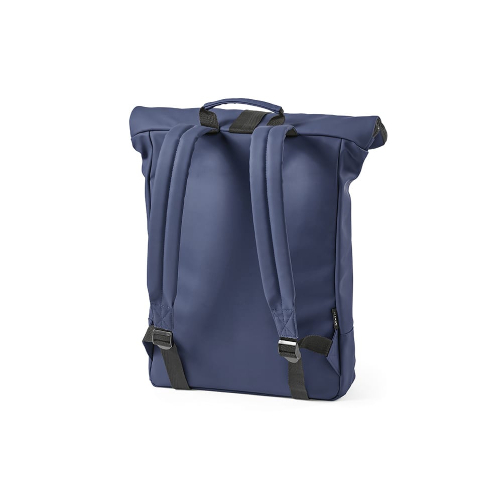 A navy blue backpack with adjustable straps, designed to fit a 17" laptop. It features a logo.