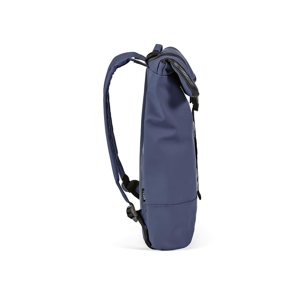 A navy blue Milan Backpack made from rPU and rPET, designed to fit a 17" laptop, featuring a logo.