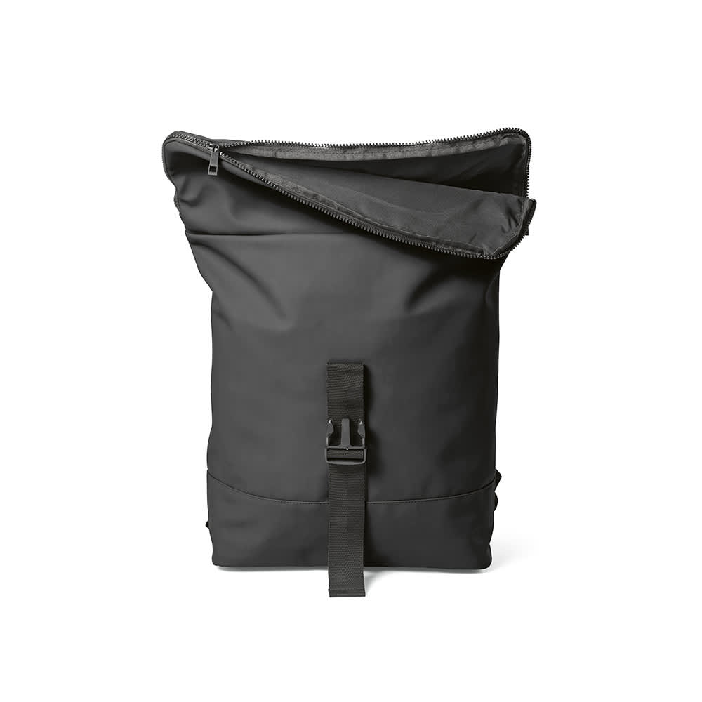 A black backpack made from rPU and rPET, featuring a roll-top closure and a front buckle. Suitable for a 17" laptop.