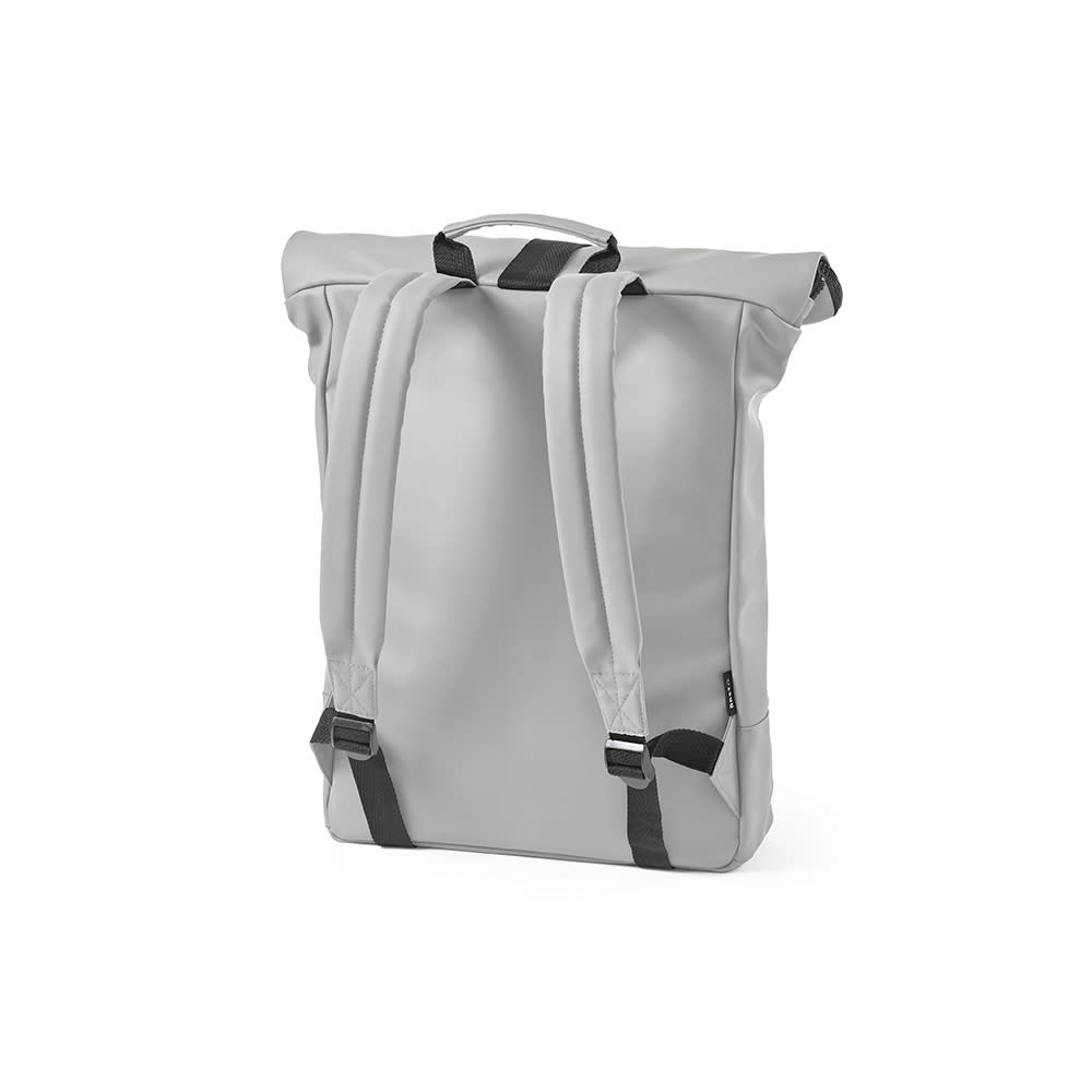 A grey Milan Backpack with adjustable straps, designed for a 17" laptop. It features a branding logo.
