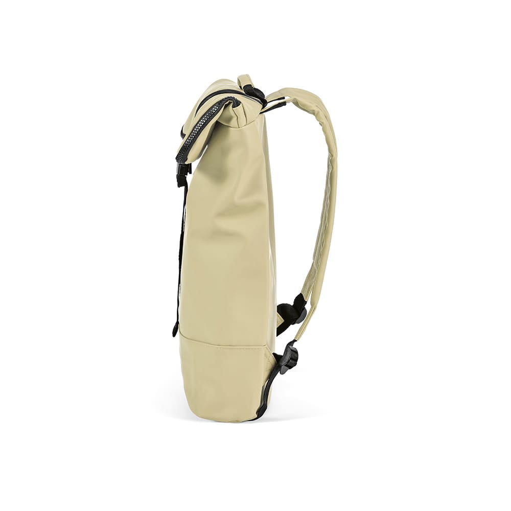 A beige Milan Backpack with adjustable straps, designed to fit a 17" laptop, featuring a logo on the side.