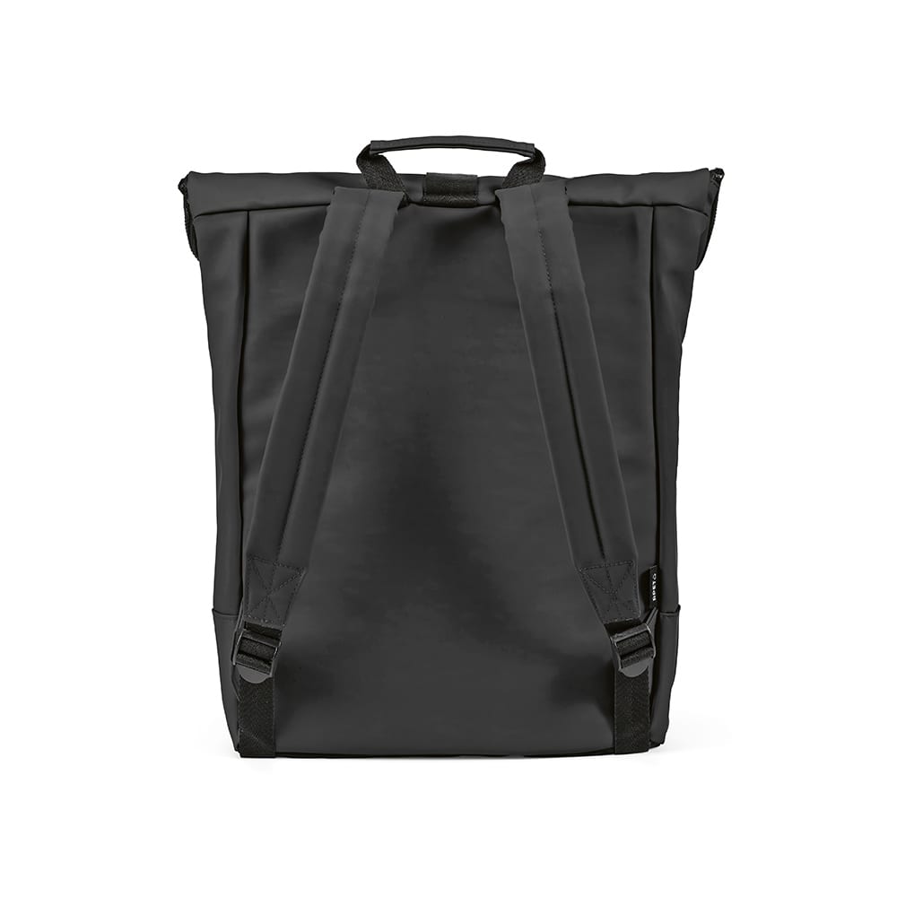 A black Milan Backpack with adjustable straps, featuring a logo. Designed to fit a 17" laptop.