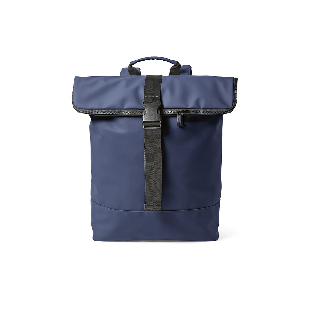 A navy blue backpack with a roll-top design, featuring a front buckle and a zipper, and a logo on the front.