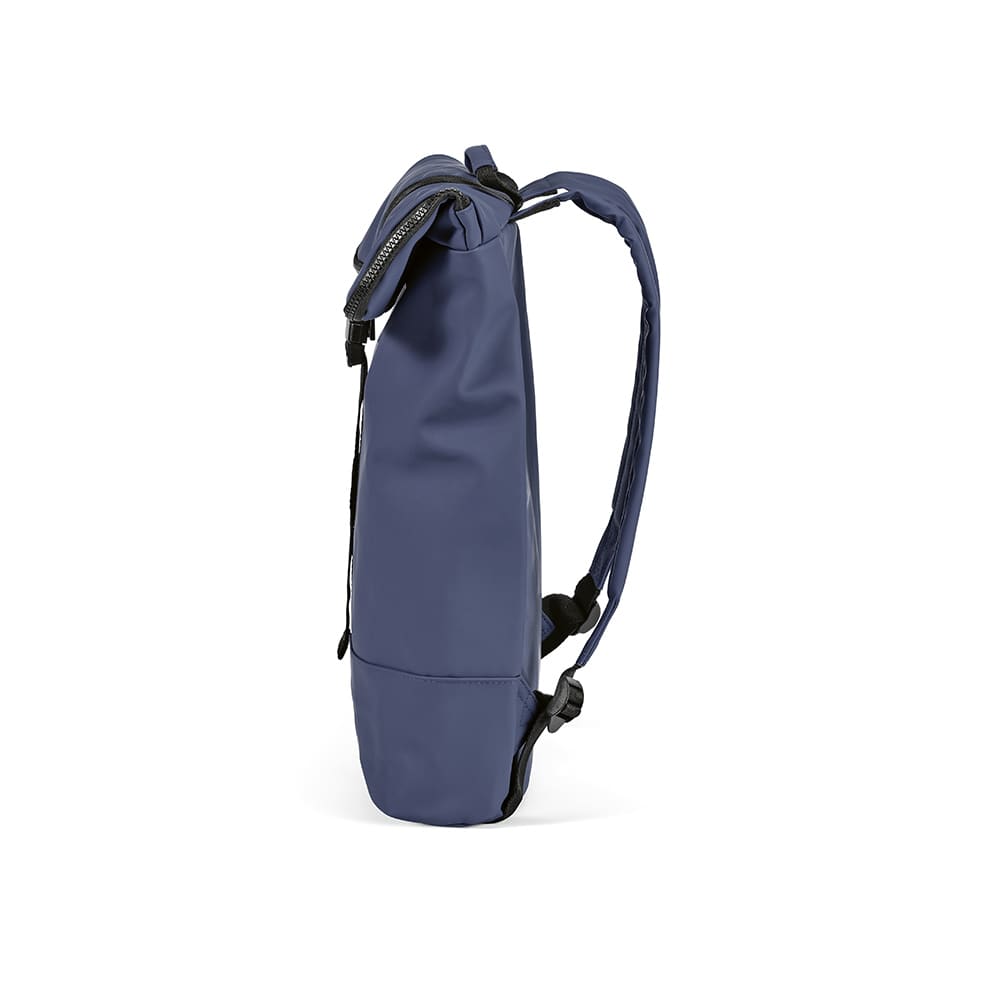 A navy blue backpack designed to fit a 17" laptop, featuring adjustable straps and a logo.