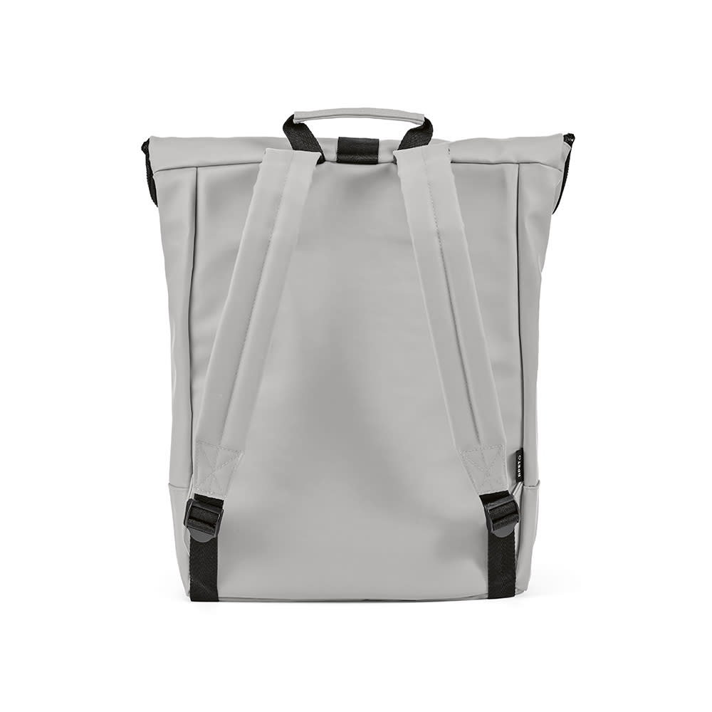 A grey backpack with adjustable straps and a top handle, featuring a logo. Designed to fit a 17" laptop.