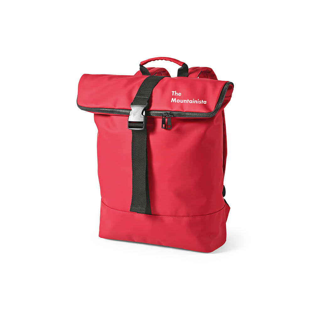A red backpack with a roll-top closure, adjustable straps, and a logo on the front. Suitable for a 17" laptop.