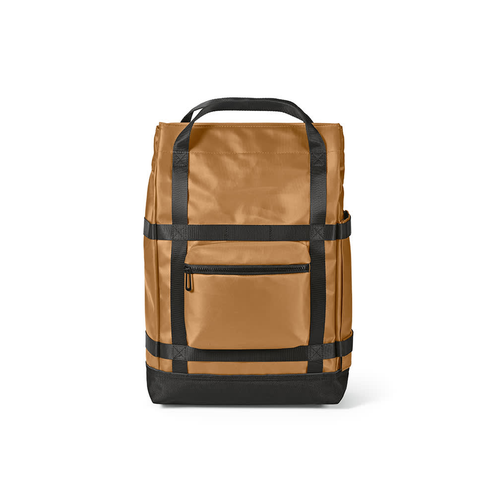 A brown Wellington Backpack with black straps, featuring a front pocket and a magnetic closure. Suitable for a 17" laptop.