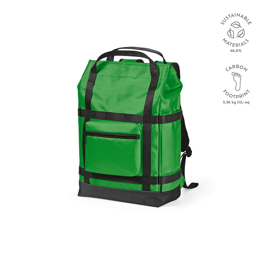 A green Wellington Backpack made with sustainable materials, featuring magnetic closing and a front pocket, suitable for a 17" laptop.