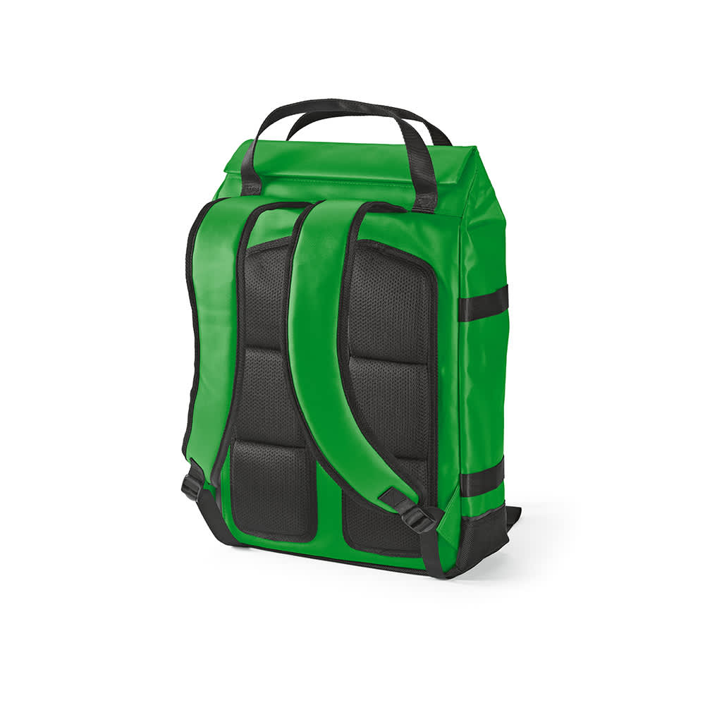 A green Wellington backpack with black accents, featuring a magnetic closure and padded straps for comfort.