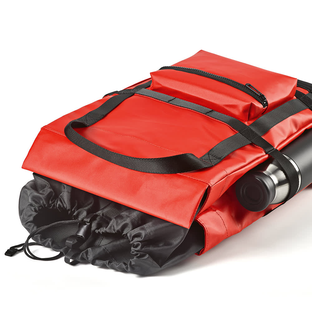 A red Wellington Backpack made from rPET, featuring magnetic closing and space for a 17" laptop. Includes a logo.
