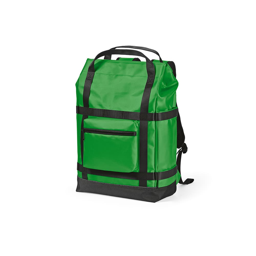 A green Wellington backpack with black straps and a front pocket. It features a magnetic closure and fits a 17" laptop.