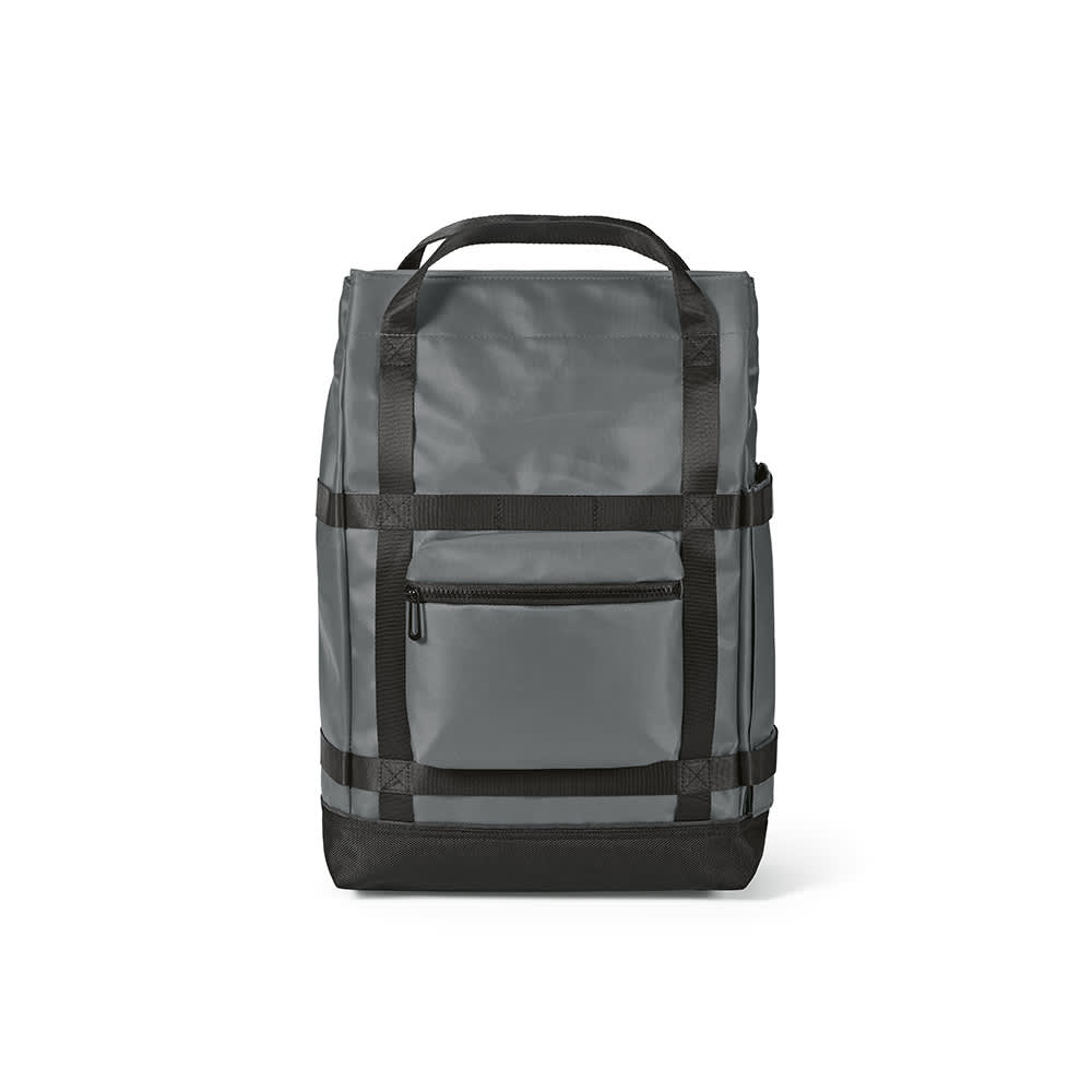 A grey backpack with a magnetic closing and adjustable straps, featuring a front zip pocket and a logo.
