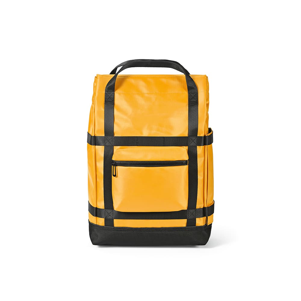A yellow Wellington Backpack with black straps and a front pocket. Features a magnetic closing and fits a 17" laptop.