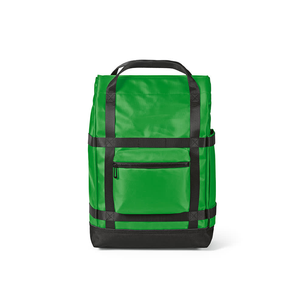 A green Wellington backpack with black straps, featuring a magnetic closing and a front zip pocket. Suitable for a 17" laptop.